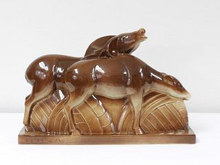 LEMANCEAU - Sculpture representing a deer and a doe France - 1920-1949 - Ceramic