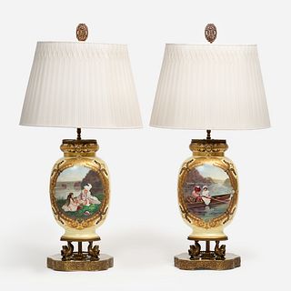 Vintage Pair of French Hand-Painted Buffet Lamps