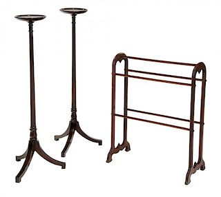 Pair Regency Style Mahogany Plant Stands, with a Victorian Towel Rack