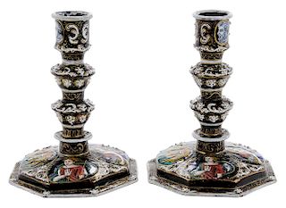 Pair Limoges Enamel Renaissance Style Candlesticks