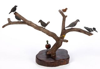 AMERICAN CARVED AND PAINTED BIRD TREE SCULPTURE