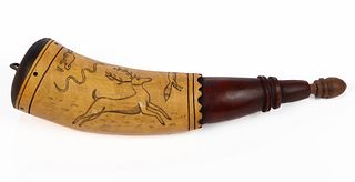 RICK FROEHLICH CONTEMPORARY SCRIMSHAW-DECORATED AND CARVED POWDER HORN