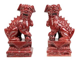 Pair Monumental Red Glazed Fu Dogs