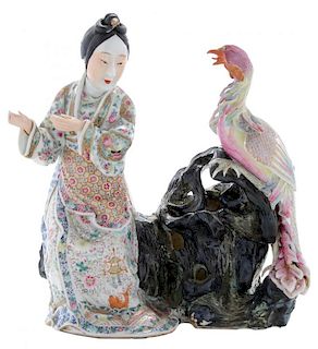 Famille Rose Porcelain Figure of a Seated Maiden and a Peacock