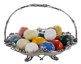 English Silver-Plate Basket with 17 Stone Eggs