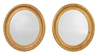 Pair Maitland-Smith Gilt Wood and Beveled Oval Mirrors