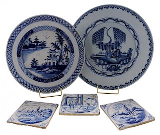 Two Delft Chargers and Three Tiles