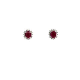 14K White Gold Diamond and Oval-Cut Ruby Earrings.