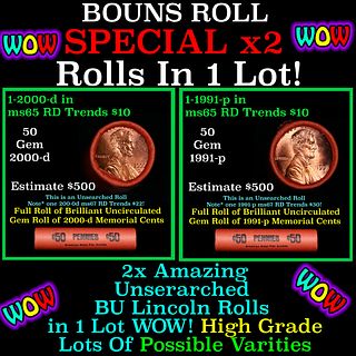 2x BU Shotgun Lincoln 1c rolls, 1991-p & 2000-d 50 pcs Each 100 Coins Total 50c