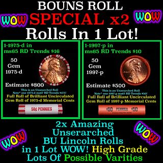 2x BU Shotgun Lincoln 1c rolls, 1975-d & 1997-p 50 pcs Each 100 Coins Total 50c