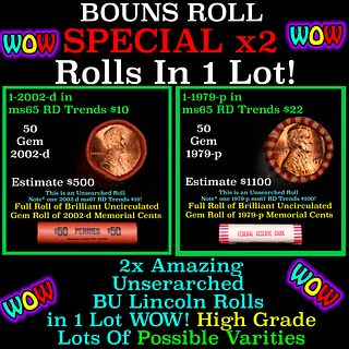 2x BU Shotgun Lincoln 1c rolls, 1979-p & 2002-d 50 pcs Each 100 Coins Total 50c