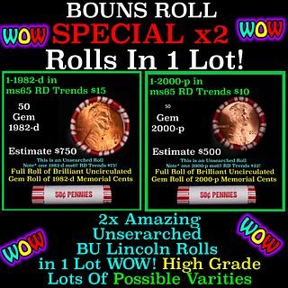 2x BU Shotgun Lincoln 1c rolls, 1982-d & 2000-p 50 pcs Each 100 Coins Total 50c