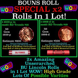 2x BU Shotgun Lincoln 1c rolls, 1998-d & 1959-p 50 pcs Each 100 Coins Total 50c