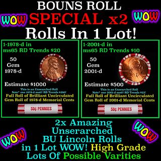 2x BU Shotgun Lincoln 1c rolls, 1978-d & 2001-d 50 pcs Each 100 Coins Total 50c