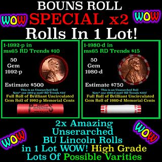 2x BU Shotgun Lincoln 1c rolls, 1992-p & 1980-d 50 pcs Each 100 Coins Total 50c