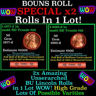 2x BU Shotgun Lincoln 1c rolls, 1977-d & 1992-d 50 pcs Each 100 Coins Total 50c