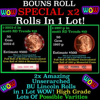 2x BU Shotgun Lincoln 1c rolls, 1997-p & 2002-d 50 pcs Each 100 Coins Total 50c