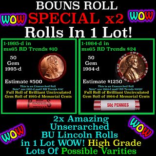 2x BU Shotgun Lincoln 1c rolls, 1964-d & 1995-d 50 pcs Each 100 Coins Total 50c