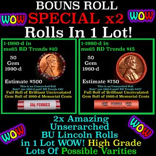 2x BU Shotgun Lincoln 1c rolls, 1960-d & 1990-d 50 pcs Each 100 Coins Total 50c