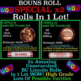 2x BU Shotgun Lincoln 1c rolls, 1970-d & 2006-p 50 pcs Each 100 Coins Total 50c