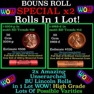 2x BU Shotgun Lincoln 1c rolls, 1968-d & 2004-p 50 pcs Each 100 Coins Total 50c