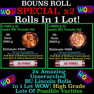 2x BU Shotgun Lincoln 1c rolls, 2003-p & 1982-p 50 pcs Each 100 Coins Total 50c