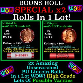 2x BU Shotgun Lincoln 1c rolls, 1994-d & 1974-p 50 pcs Each 100 Coins Total 50c