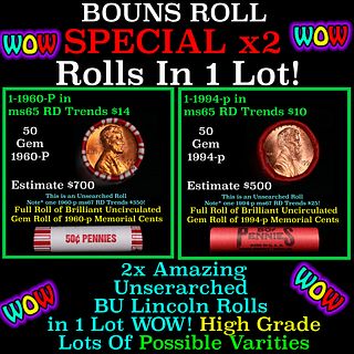 2x BU Shotgun Lincoln 1c rolls, 1960-p & 1994-p 50 pcs Each 100 Coins Total 50c