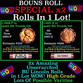 2x BU Shotgun Lincoln 1c rolls, 1997-d & 1960-p 50 pcs Each 100 Coins Total 50c