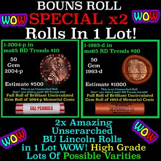 2x BU Shotgun Lincoln 1c rolls, 1963-d & 2004-p 50 pcs Each 100 Coins Total 50c