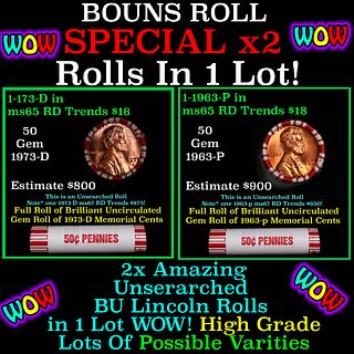 2x BU Shotgun Lincoln 1c rolls, 1963-p & 1973-d 50 pcs Each 100 Coins Total 50c