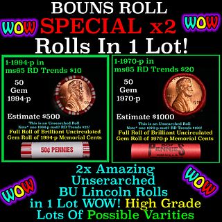 2x BU Shotgun Lincoln 1c rolls, 1994-p & 1970-p 50 pcs Each 100 Coins Total 50c