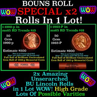 2x BU Shotgun Lincoln 1c rolls, 1990-p & 1963-p 50 pcs Each 100 Coins Total 50c
