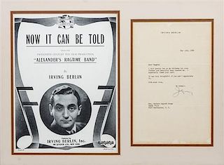 (AUTOGRAPHS). BERLIN, IRVING. TLs signed "Irving" on his personal letterhead.  Dated May 13th, 1960.  Framed with sheet music