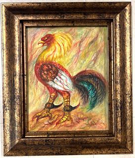 Framed Mixed Media on Paper, Titled Rooster, signed Hector MOLNE, Cuban artist 