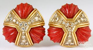 18k gold two-toned coral earrings with diamonds