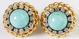 18k yellow gold turquoise and diamond earrings, .7
