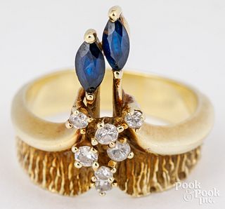 14k yellow gold ring with blue sapphires, diamonds