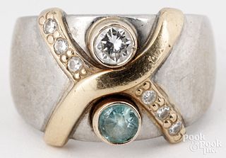 14K gold ring with diamonds and blue zircon