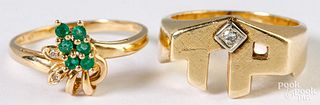 14K yellow gold ring with emeralds, diamonds, etc.