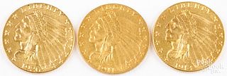 Three two and a half dollar Indian Head gold coins