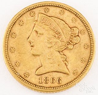 1866-S Liberty Head five dollar gold coin