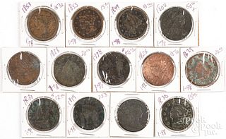 Thirteen US large cents, including 1800 and 1798