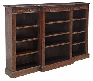 ENGLISH CARVED OAK BREAKFRONT BOOKCASE