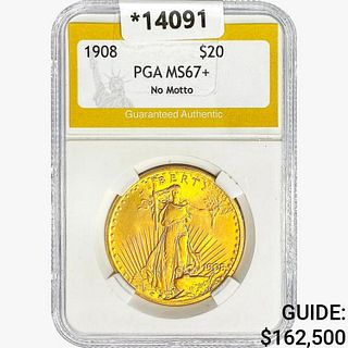 1908 $20 Gold Double Eagle PGA MS67+ No Motto