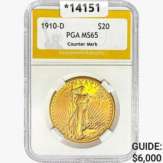 1910-D $20 Gold Double Eagle PGA MS65 Counter Mark