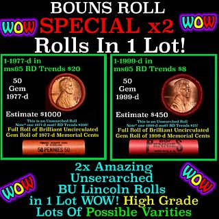 2x BU Shotgun Lincoln 1c rolls, 1977-d & 1999-d 50 pcs Each 100 Coins Total 50c