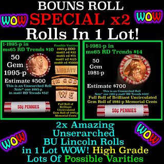 2x BU Shotgun Lincoln 1c rolls, 1981-p & 1995-p 50 pcs Each 100 Coins Total 50c