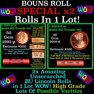2x BU Shotgun Lincoln 1c rolls, 1995-p & 2002-d 50 pcs Each 100 Coins Total 50c