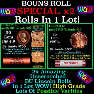 2x BU Shotgun Lincoln 1c rolls, 1997-d & 1964-p 50 pcs Each 100 Coins Total 50c